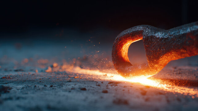 A close-up shot of a glowing hook tool with sparks, embodying the essence of industry and craftsmanship. The hook is incandescent, with fiery heat