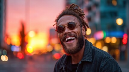 A cheerful man with sunglasses and a big smile is captured in the city during sunset, creating a vibrant and energetic atmosphere filled with youthful joy and positivity.