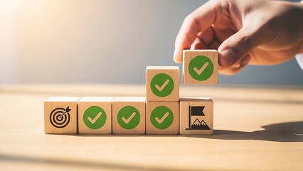 Concept of business success and strategic goal achievement, with a hand placing a checkmark block, illustrating step-by-step progress, continuous improvement, and reaching ultimate targets