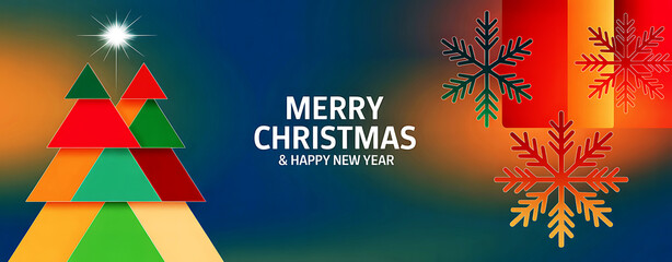 Abstract geometric christmas tree with snowflakes and merry christmas greeting on a vibrant background