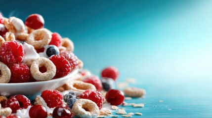 Bright and vibrant bowl of cereal with fresh raspberries and blueberries, creating an appealing and healthy breakfast idea for anyone looking for a nutritious start to their day.