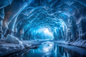 Frozen Subterranean Glacier Maze: Deep underground ice world, sharp frozen tunnels, sapphire-blue transparency, frosted textures, refracted light splitting into prismatic beams.