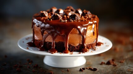 Indulgent chocolate cake adorned with rich glaze and chocolate chunks, perfect for dessert lovers seeking a delightful treat for special occasions or a sweet everyday indulgence.