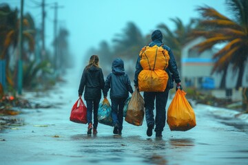 Family leaving hurricane zone for safe location together