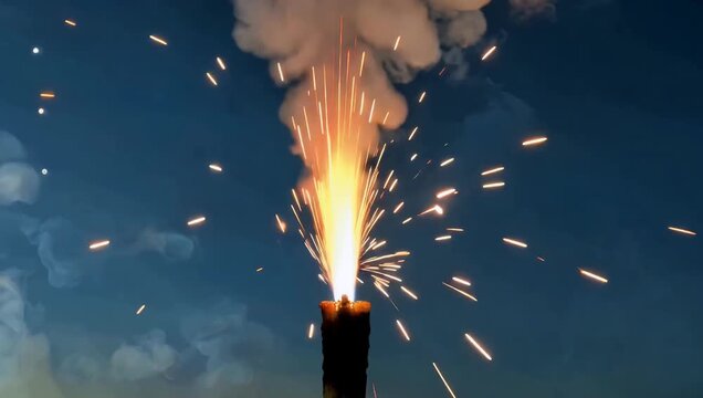 Explosive 4K Ultra HD extreme close up footage of fiery sparks shooting rapidly from a firework giving viewers an intense glimpse of the heat and energy behind the dazzling display
