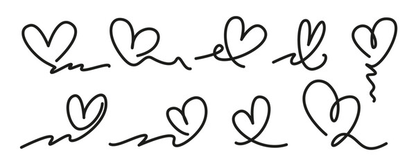 Doodle hearts set. Decorative line art style hearts. Cute heart. Vector symbol of love.