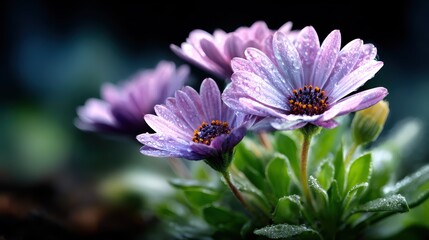 Obraz premium A close-up image of beautiful pink flowers glistening with dew, showcasing nature’s delicate beauty and freshness, creating a serene and refreshing atmosphere.