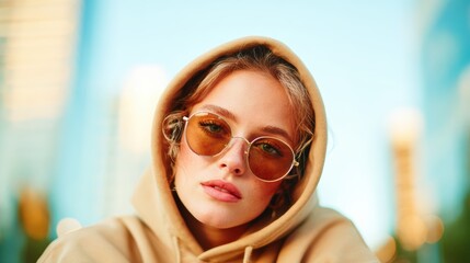 A young woman poses confidently in a hoodie and sunglasses, exuding a modern, stylish vibe against a backdrop of urban architecture, showcasing youthful energy and self-expression.