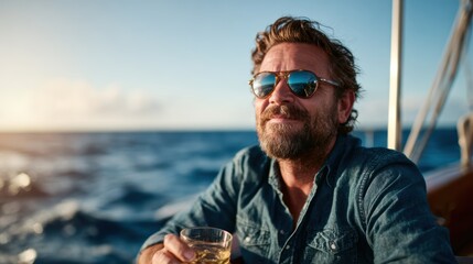 A bearded man leisurely enjoys a drink while sailing, radiating tranquility and bliss as he fully embraces the serene maritime environment and the soothing rhythms of water.