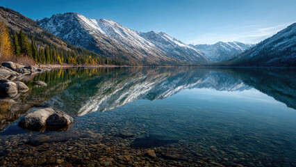 Stunning clear mountain lake perfectly reflecting snow-capped peaks and vibrant autumn forests under a brilliant blue sky, showcasing serene wilderness.