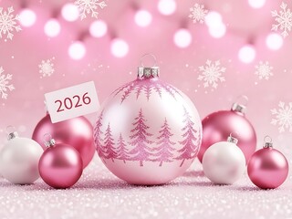 Pink and white christmas ornaments with 2026 tag, festive snowfall and bokeh background