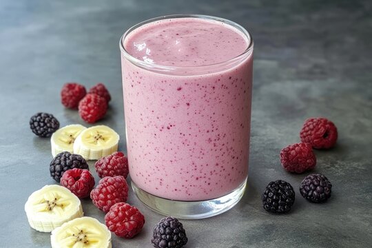 Nutritious banana berry smoothie in a tall glass