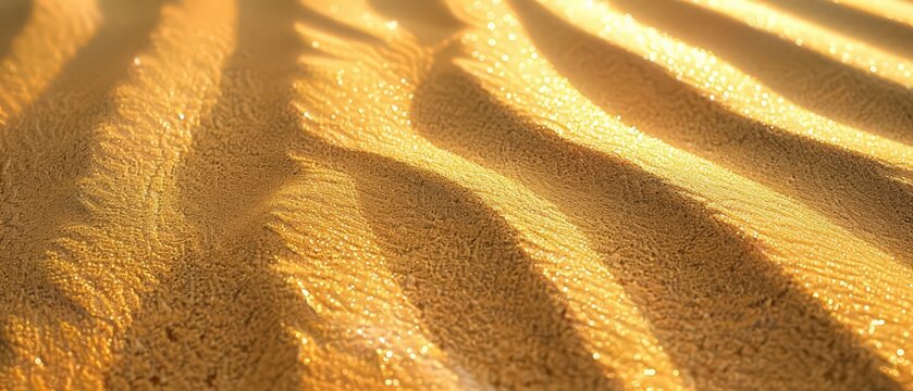 Close-up of golden sand with small ripples and sparkling sunlight reflections, creating a warm and serene beach atmosphere.