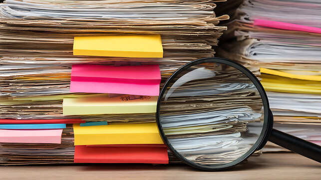 Stacked documents with colorful sticky notes and magnifying glass papers files