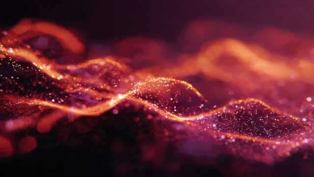 Abstract vibrant digital waves of sparkling particles in fiery red and purple hues, creating a dynamic futuristic energy flow.