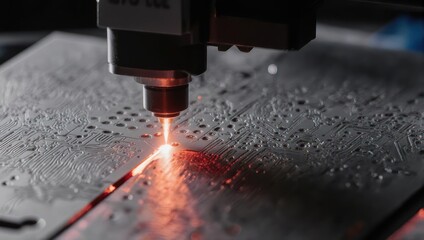 Precision Laser Cutting Machine Engraving Metal Surface with Sparks.