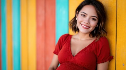 Naklejka premium A joyful pregnant woman leans against a brightly colored wall, radiating happiness and anticipation, capturing the essence of motherhood, love, and celebration through vivid colors.