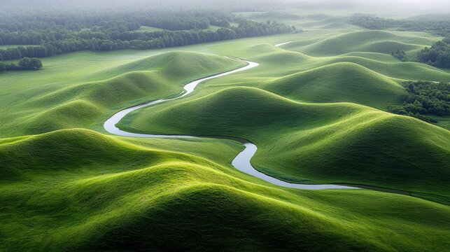 Aerial view of a scenic landscape featuring rolling green hills, a winding river, and lush vegetation. The image captures a serene and natural environment.