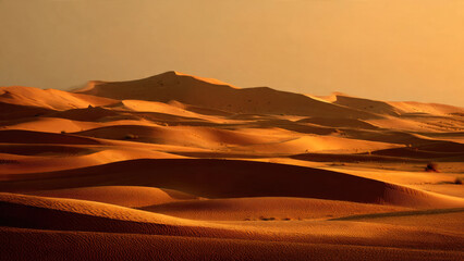 Golden hour illuminates a vast desert landscape of undulating sand dunes, casting long shadows across the textured sandy terrain.
