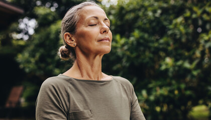 Close up portrait of a senior woman with eyes closed meditating and breathing deeply in a green outdoor garden