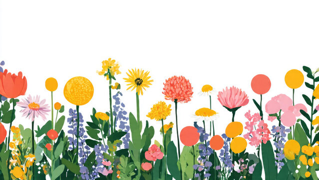 A vibrant and cheerful digital illustration of a diverse wildflower meadow, featuring colorful blooms and lush greenery against a clean white background. - Powered by Adobe