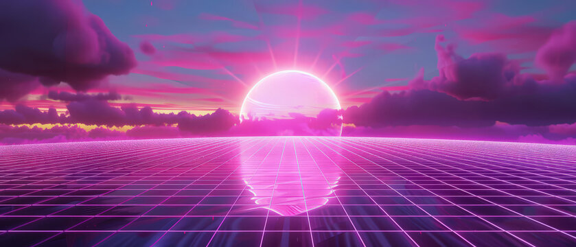 Retro-futuristic 1980s-inspired scene with glowing pink sunset, neon grid floor, and vibrant clouds in a digital sky.