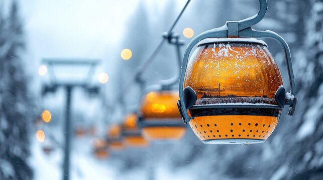 Close-up of a ski lift chair with a warm glow, set against a snowy winter landscape. The image evokes a sense of coziness and winter travel.