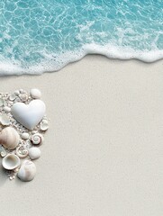A collection of seashells and a heart-shaped stone are arranged on a sandy beach, with a turquoise ocean wave in the background.