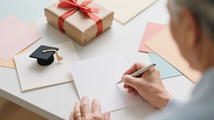 A modern stationery-focused close-up of a handwritten graduation message surrounded by a gift box and decorative cap in a bright flat lay design
