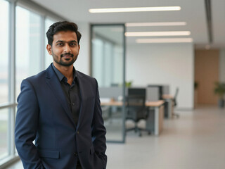 Fototapeta premium Corporate-style portrait of a man standing in a bright modern office with natural daylight, clean workspace layout and glass meeting room behind