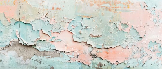 Aged wall surface featuring cracked and peeling paint in soft pastel tones of pink, teal, and cream, creating a textured retro look.
