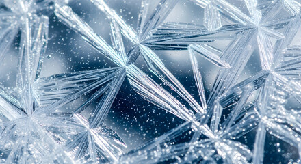Close up of intricate ice crystal formations creating a beautiful winter pattern on glass