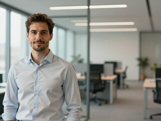 Confident professional portrait of a man in a light shirt standing in a bright modern office with natural daylight and clean contemporary open-plan interior