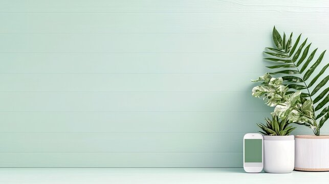 A smartphone with a green screen is placed in front of potted plants against a mint green wooden background. The scene is minimalist and modern.