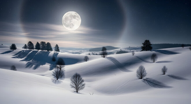 Winter wonderland landscape with full moon shining over snow covered hills and trees