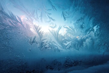 Abstract Ice Fractals on Blue Glass
