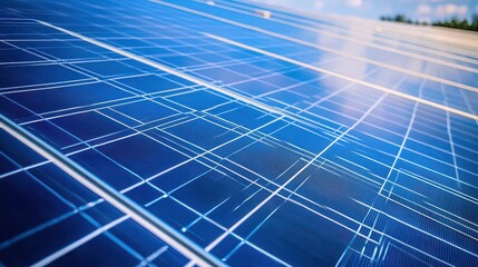 Closeup abstract view of blue solar panel surface with glowing circuit lines under bright sunlight