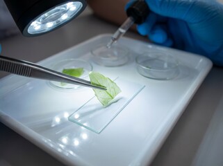 Scientist examines leaf sample on microscope slide with dropper