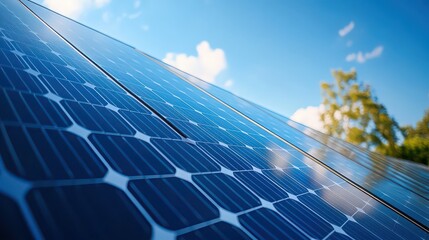 Closeup of a solar panel surface reflecting bright blue sky and sunlight, symbolizing renewable energy generation