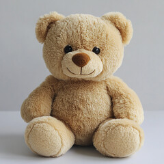 Obraz premium Soft cuddly light brown teddy bear with shiny black eyes and warm smile sitting on white surface against plain gray background, evoking comfort and childhood joy