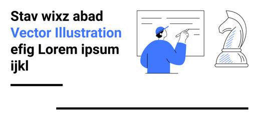 Strategy, planning, decision-making, corporate training, goal setting, business tactics. A person pointing at a board alongside a chess knight. Strategy and planning concept