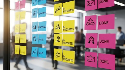 Agile workflow visualization on a glass board with colorful adhesive notes detailing project tasks, planning, progress, and completion for team collaboration and productivity