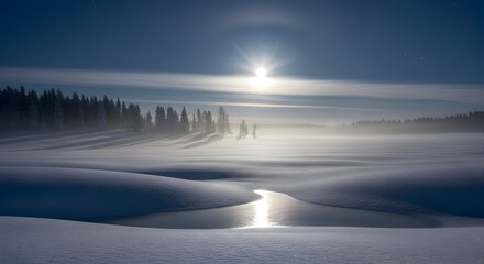 Moonlit winter landscape with snow covered hills and silhouetted trees under a dark blue sky
