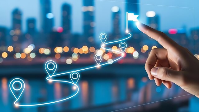 Charting the future Hand interacting with a glowing digital path, outlining a strategic journey with milestones and a destination flag against a vibrant city backdrop