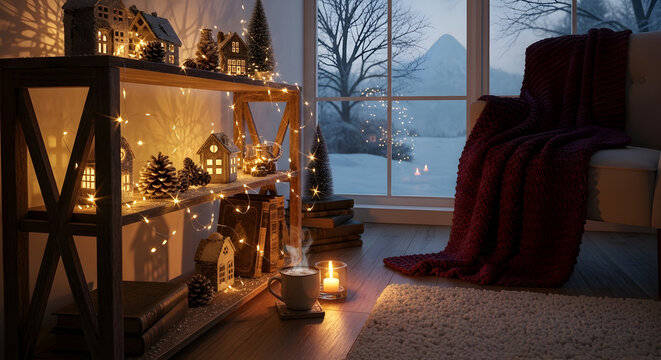 Cozy winter home interior with warm lighting and snowy window view at dusk - Powered by Adobe