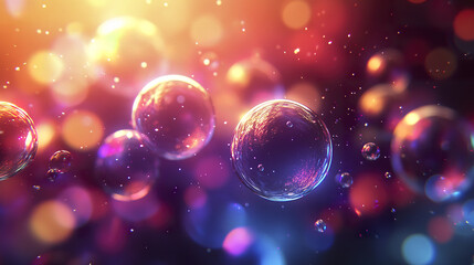 Transparent bubble floating in colorful glowing bokeh light background with soft focus and vibrant warm and cool tones creating dreamy atmosphere
