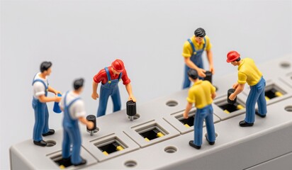 Miniature workers fixing electronic connections in a creative workspace scene