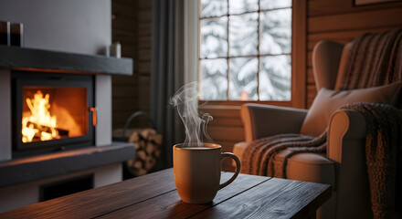 Cozy winter scene inside a rustic cabin with a warm fireplace and steaming mug of hot drink by the window overlooking snow
