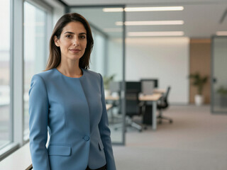 Professional portrait of a woman in a light blue blazer standing in a bright modern office with natural daylight and a clean contemporary open-plan workspace