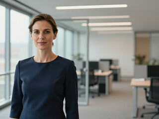 Obraz premium Business portrait of a woman in a navy dress standing in a bright modern office with natural daylight, clean open-plan interior and contemporary corporate environment
